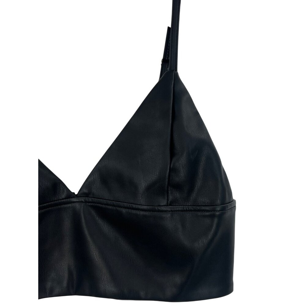 NWOT Shoedazzle Black Soft Vegan Leather Edgy V-Neck Sexy Club Rave EDM Crop Top - Picture 10 of 16